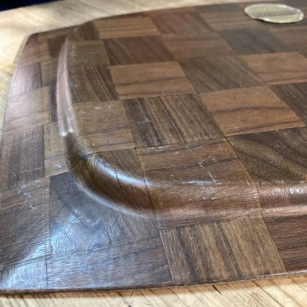 VTG Hand Woven Weavewood Steak Sizzler Aluminum Insert Walnut Serving Tray USA